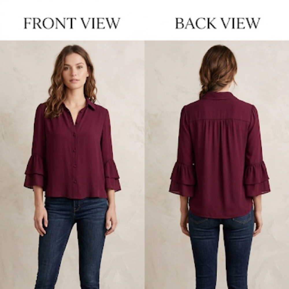 Alice + Olivia Burgundy Ruffle-Sleeve Button-Down Shirt